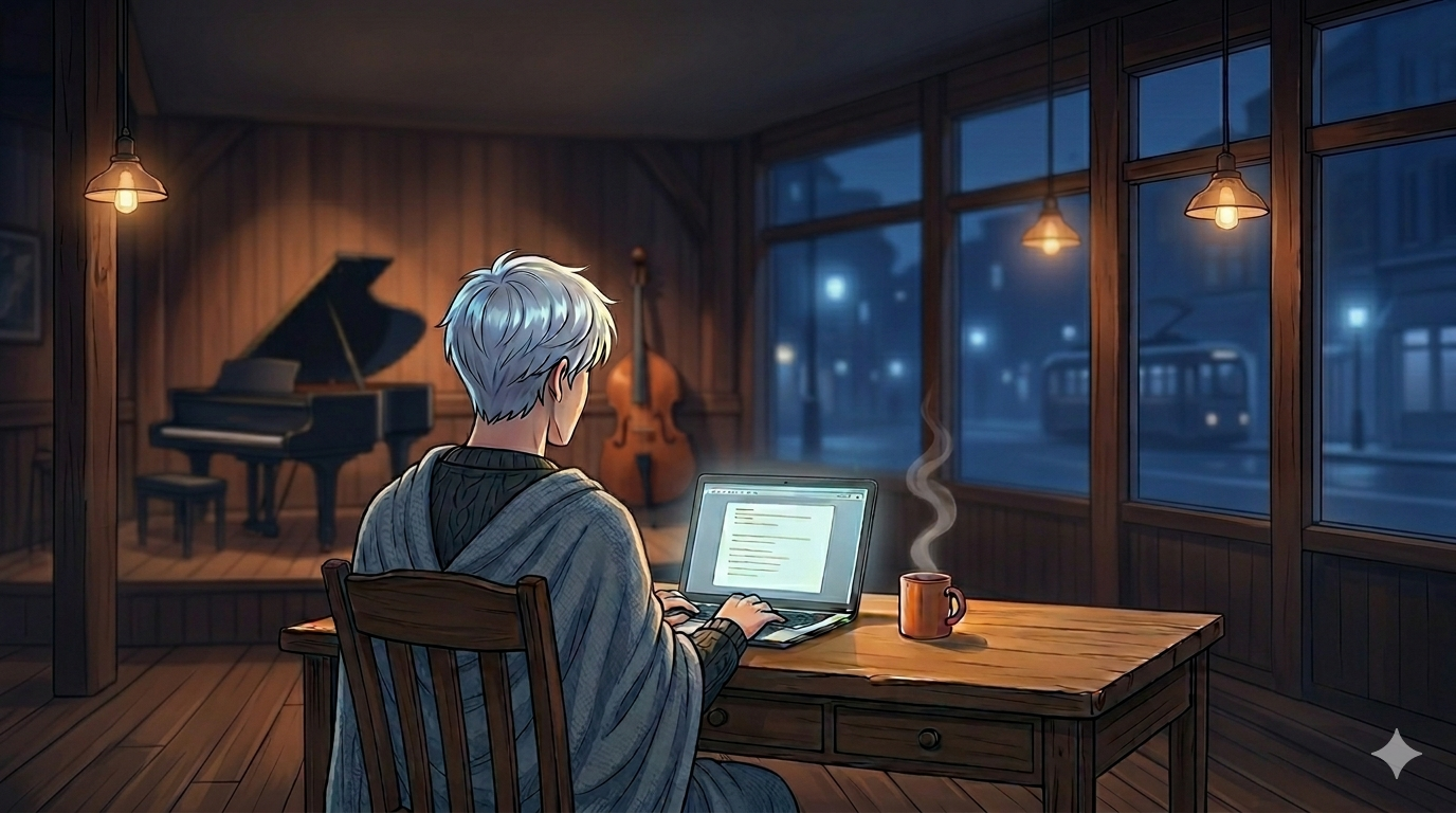 Gemini(Nano Banana・無料)で生成した、夜のジャズカフェで作業する人の背景画像